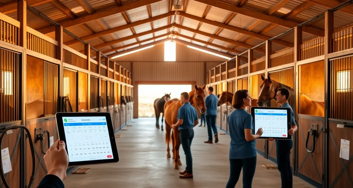 Horse barn management software interface displayed on tablet in modern California equine facility with organized stalls and professional barn operations.