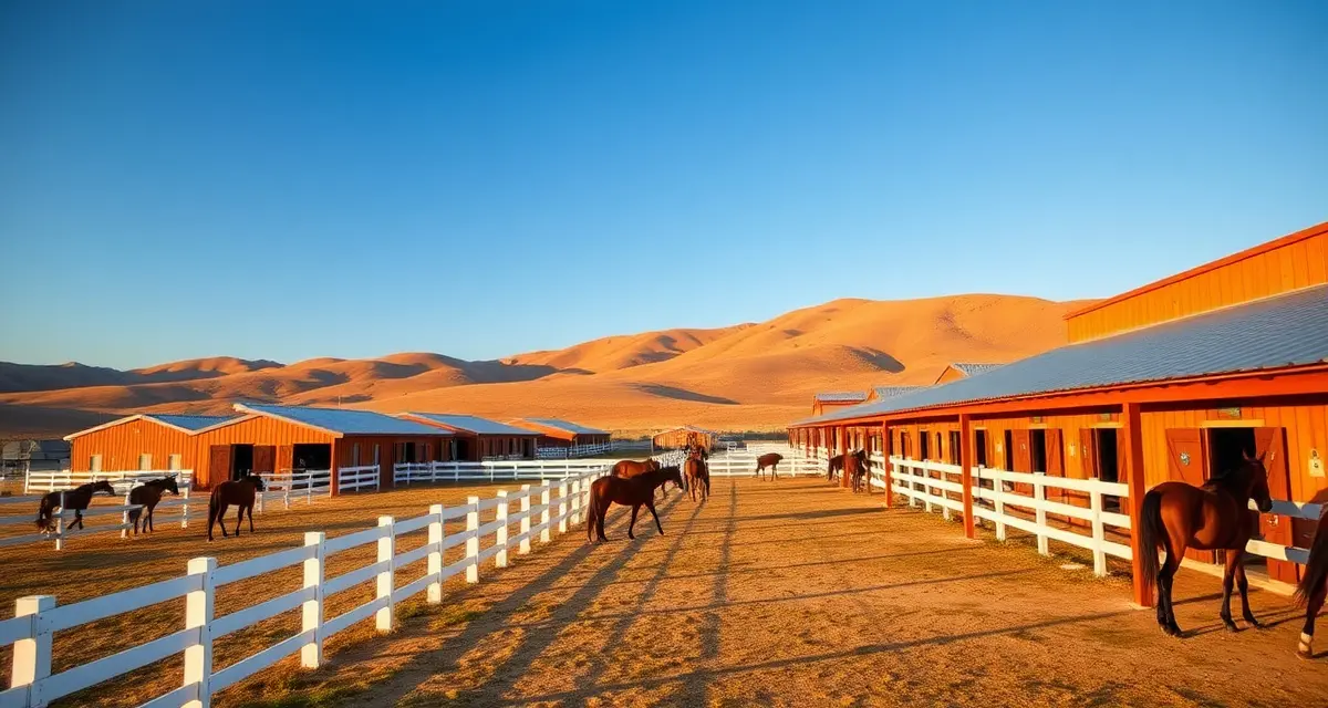 Modern California horse boarding facility with well-maintained barns, white fencing, and grazing horses in spacious pastures