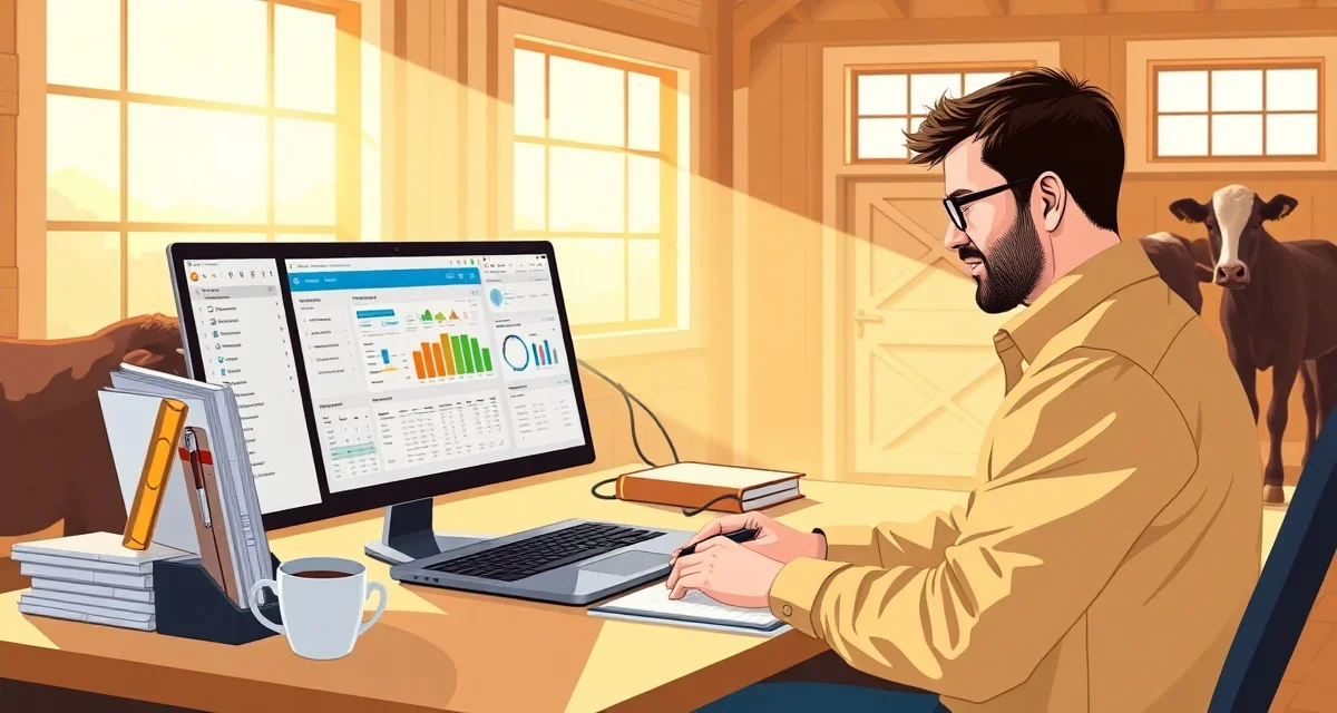 Barn manager using cloud-based software to manage equine facility operations on laptop with organized digital dashboards