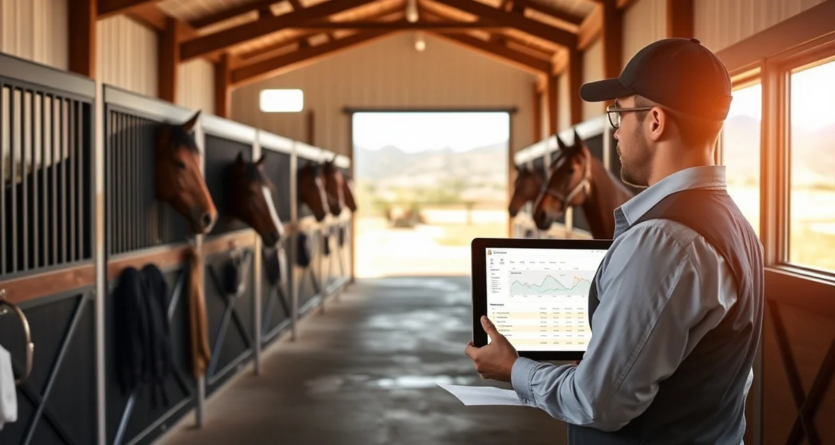 Modern Colorado equestrian facility with organized horse barn, paddocks, and riding arena demonstrating professional barn management