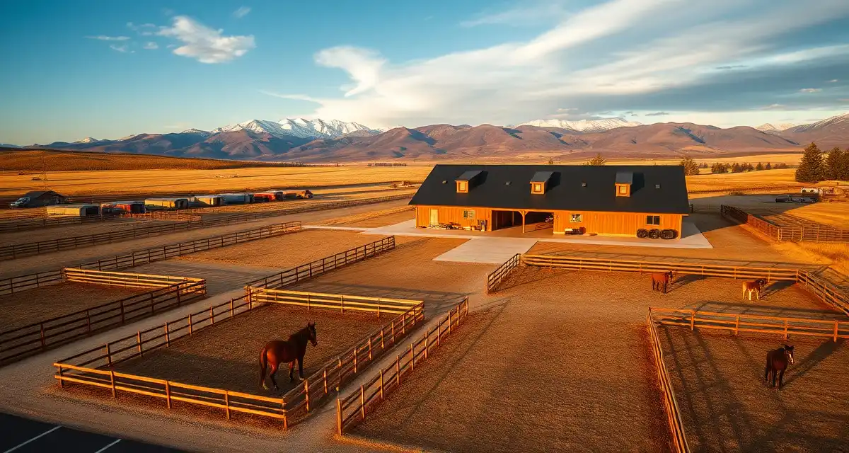 Modern Colorado horse boarding barn with paddocks, fencing, and grazing horses with mountain backdrop