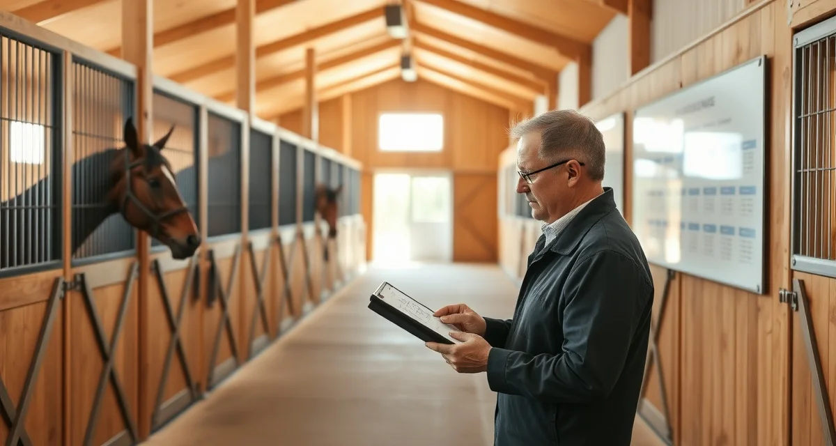 Horse barn manager using digital software to coordinate combined driving facility operations and horse conditioning schedules