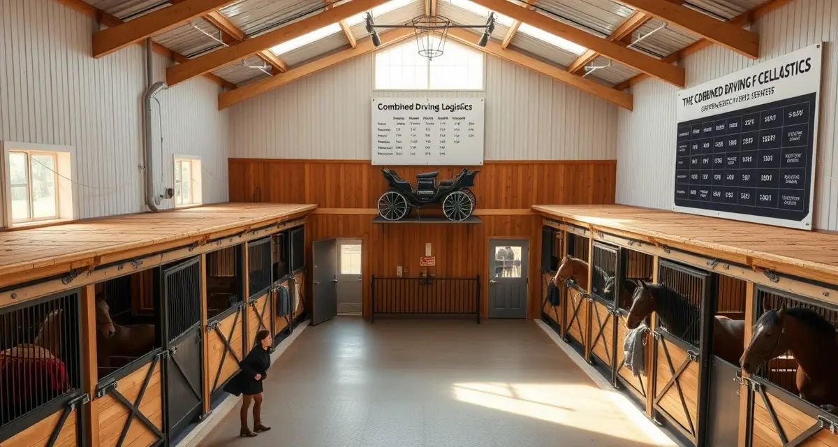 Modern horse barn interior showing organized stall layout and carriage storage for combined driving operations and event management.
