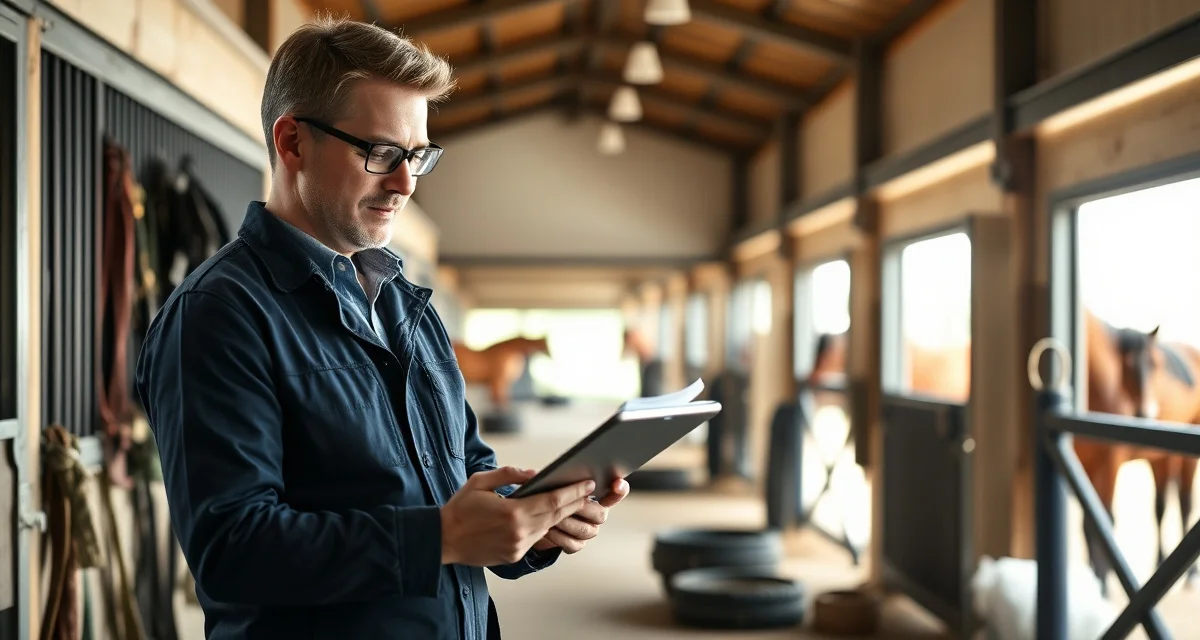 Barn manager using digital vet records sharing software for combined driving facility horse management and owner communication