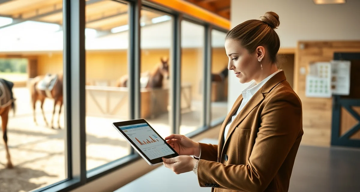 Commercial barn manager using horse stable management software to oversee facility operations and client accounts