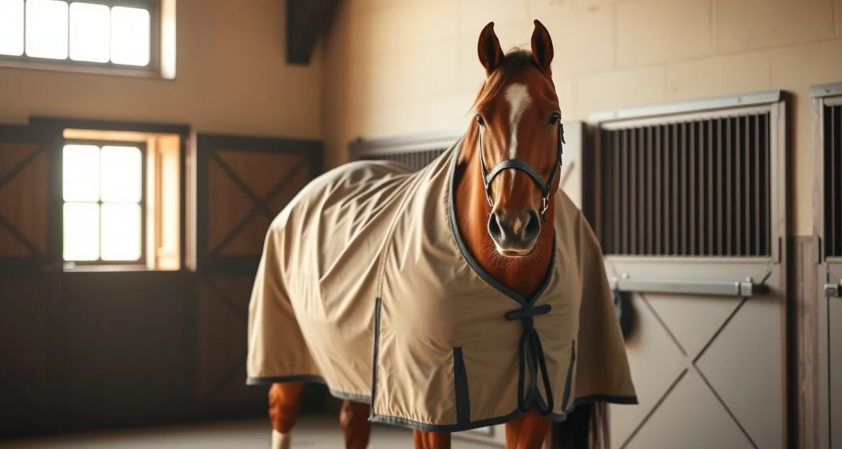 Competition horse wearing properly fitted show blanket in training barn stall demonstrating correct blanketing protocol for show prep