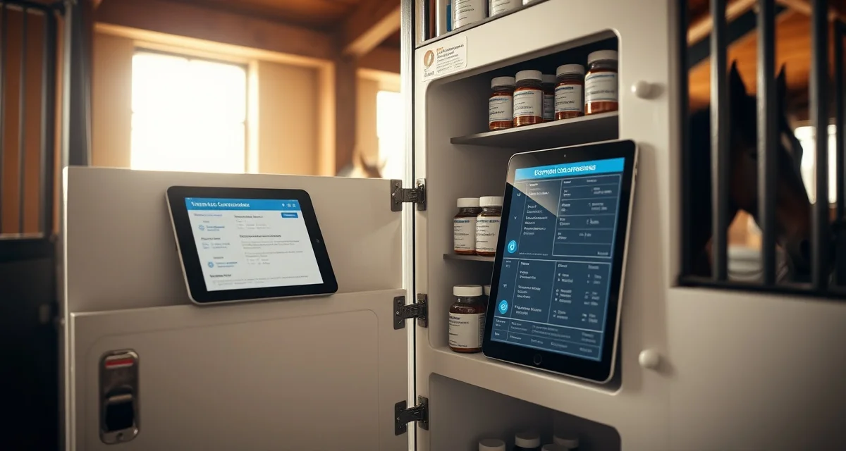 Organized horse barn medication storage with labeled bottles and digital compliance records on tablet for competition horse medication management