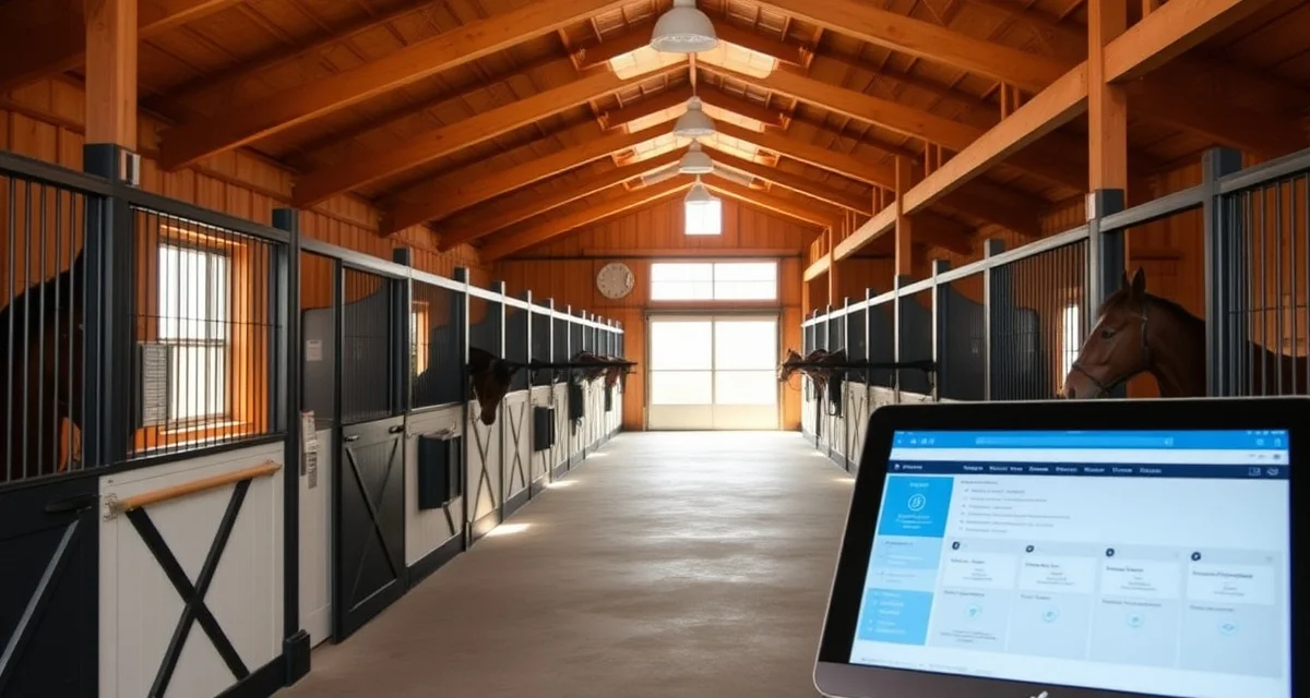 Modern Connecticut horse barn interior showing organized stalls and digital management system for equestrian facility operations