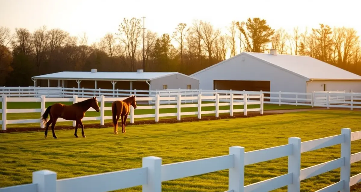 Modern Connecticut equine facility with white-fenced pastures, horses, and well-maintained barn structure in northeastern landscape