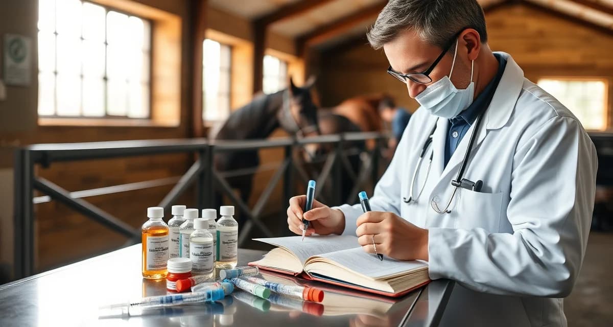 Equine veterinarian documenting controlled substance administration in compliant medication logbook at horse barn facility