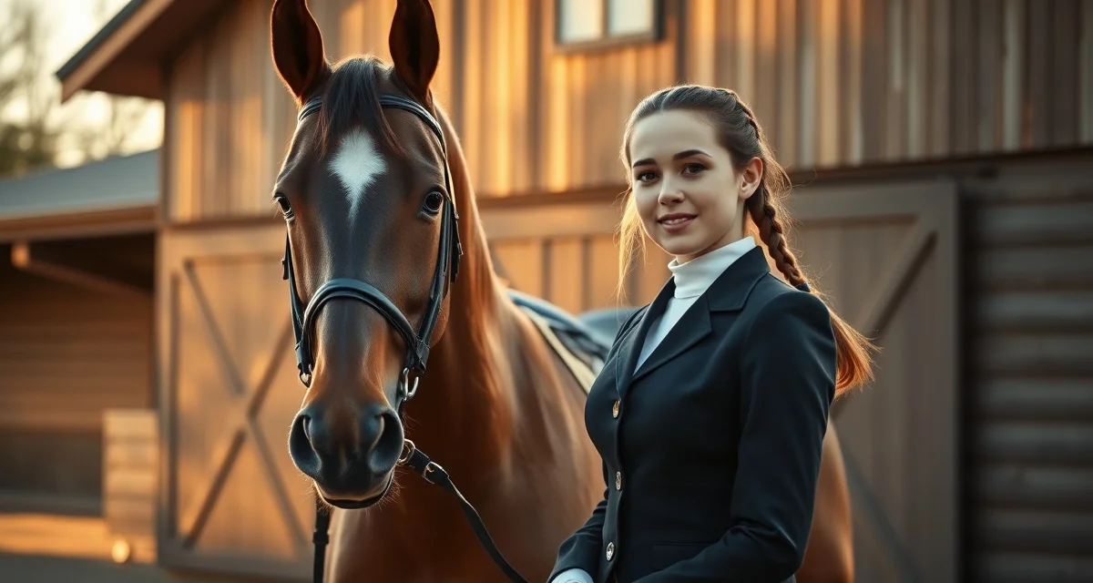 Young equestrian preparing horse for county fair competition in front of a professional boarding barn facility