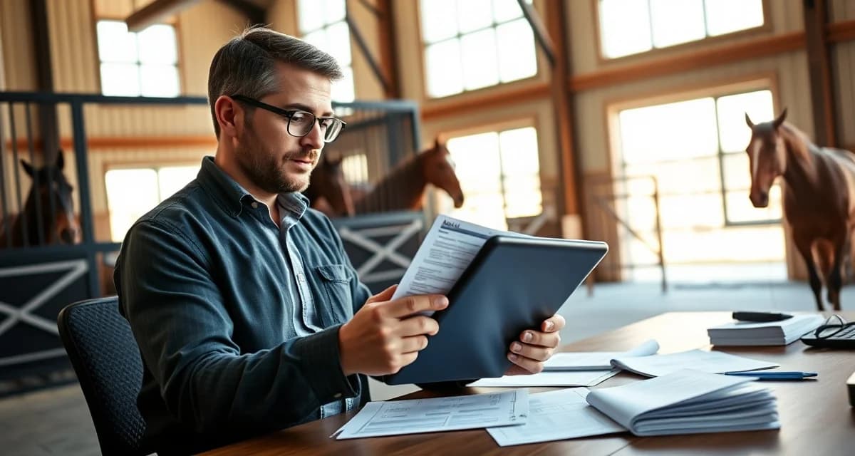 Horse cutting barn manager analyzing detailed billing reports and revenue analytics on tablet in professional facility office setting.