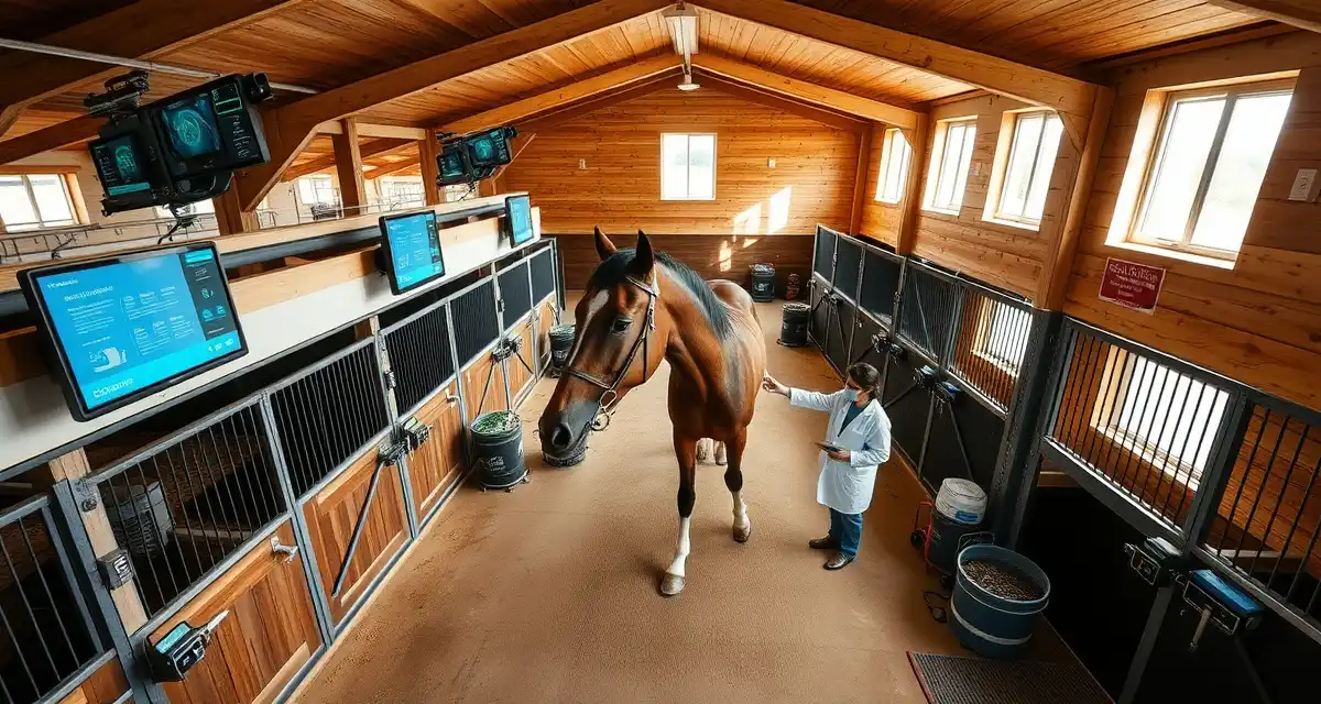 Modern cutting barn with health monitoring systems, digital displays tracking horse wellness, and veterinary management technology for competitive facilities.