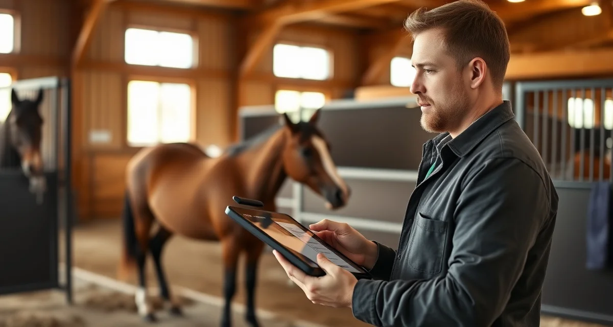 Cutting barn owner reviewing incident reports on tablet in stable management software dashboard