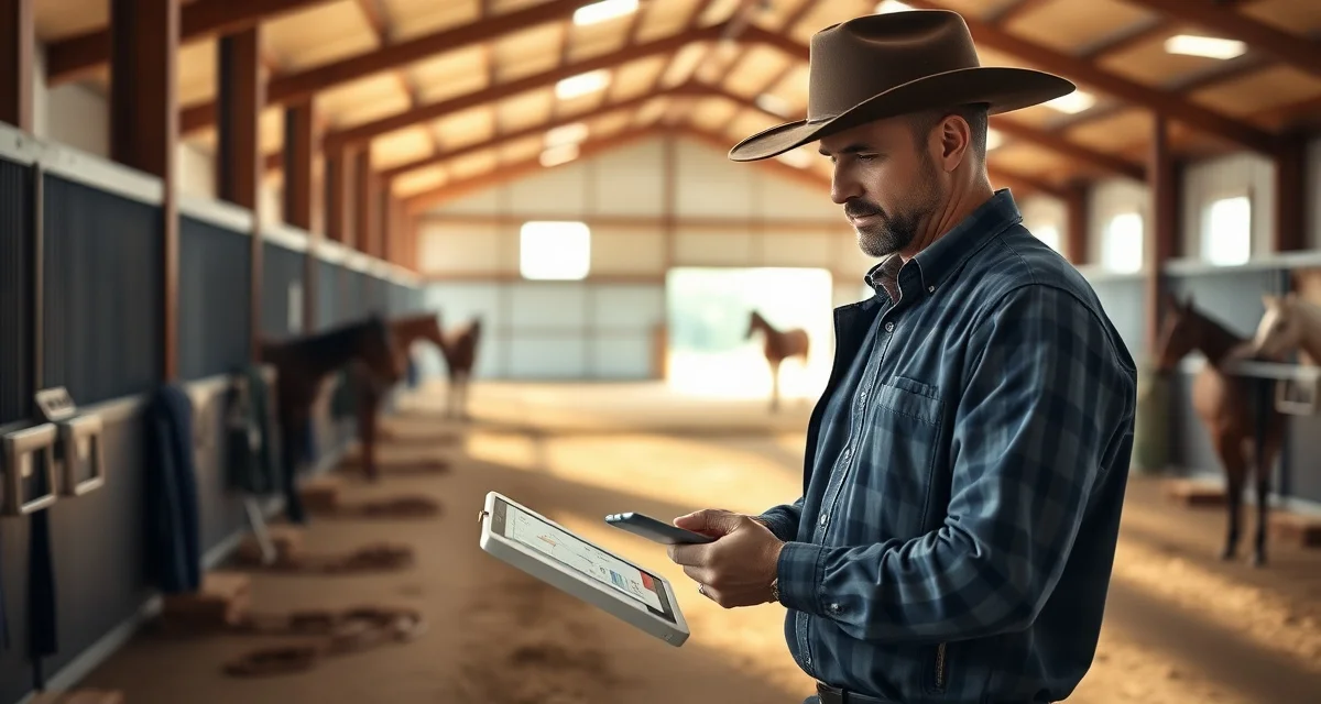 Cutting barn manager using specialized software to coordinate horse conditioning and event preparation schedules in professional facility