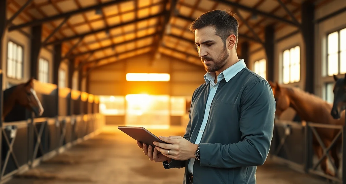 Cutting barn manager using digital communication software to track NCHA points and horse development on tablet in stable facility.