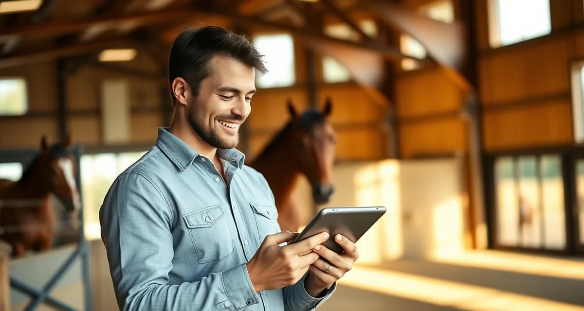 Cutting barn owner reviewing photo updates and communication on tablet in modern horse barn facility