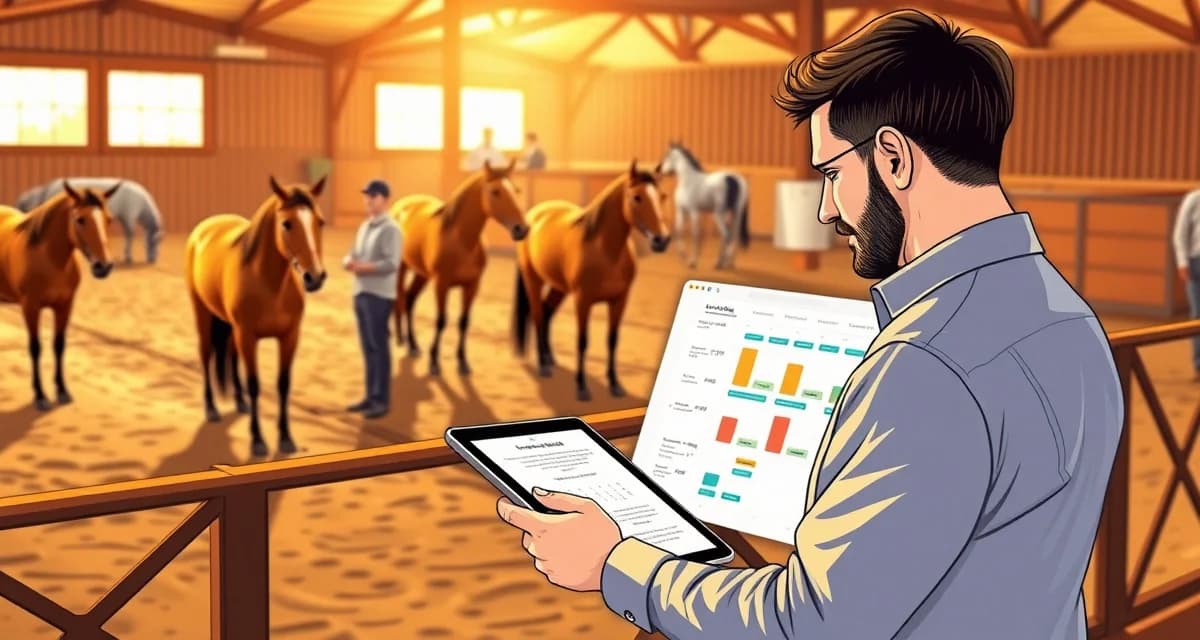 Cutting barn manager using digital scheduling software to coordinate horses, trainers, and arena time efficiently