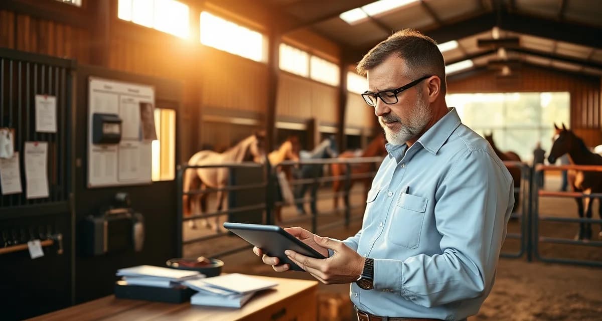 Cutting barn manager using specialized staff management software to organize schedules and horse care protocols for competitive facilities.