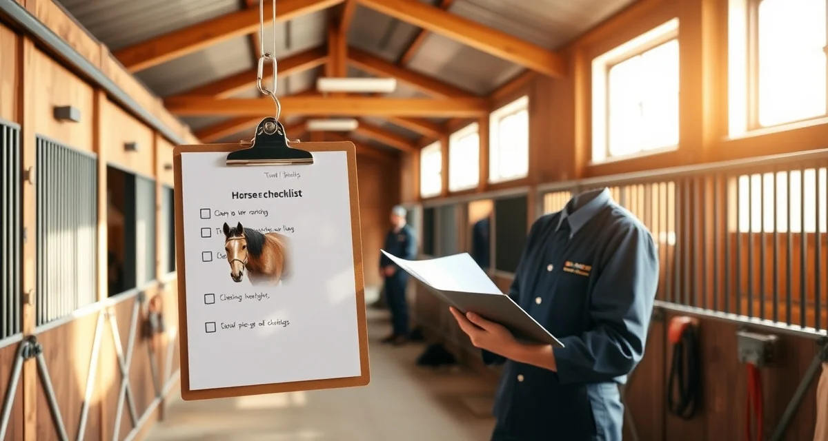Organized horse barn with daily care checklist on clipboard, demonstrating systematic barn management procedures