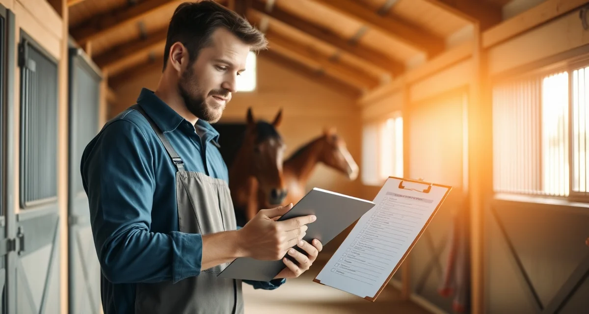 Horse barn manager with daily task checklist in organized stable facility, demonstrating effective barn management system