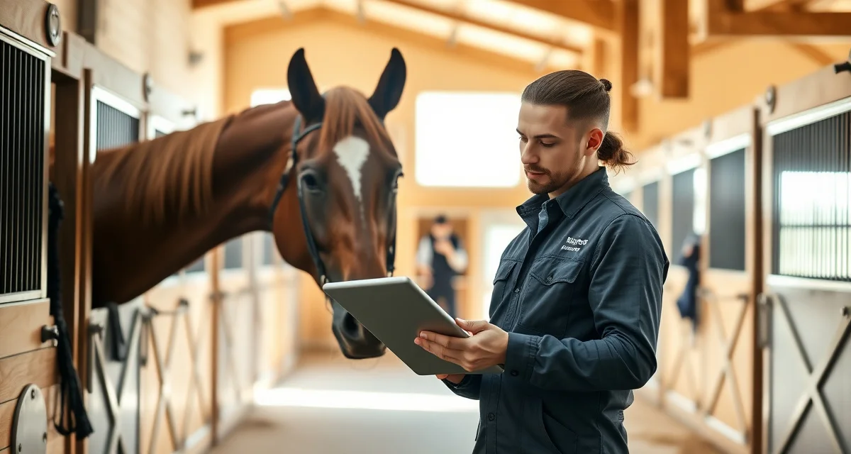 Stable manager using digital daily horse care checklist on tablet in modern barn facility with horse