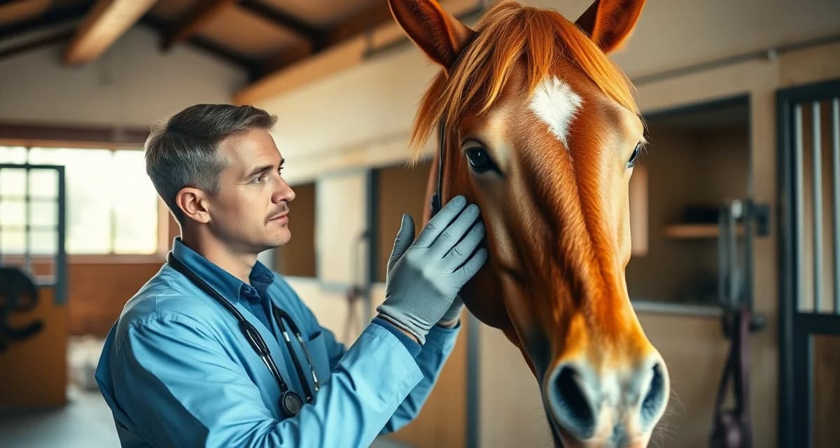 Horse owner performing daily health monitoring and assessment of a horse in a bright barn setting
