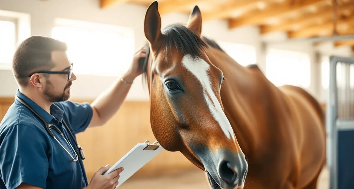 Stable manager performing daily health assessment on horse, checking vital signs and recording observations in barn.