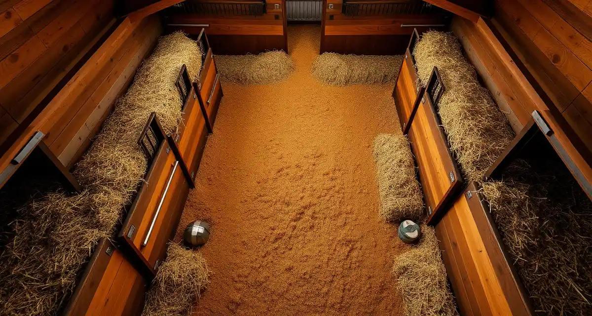 Properly maintained deep litter horse stall showing correct banking technique and daily cleaning protocol for optimal stall quality management.