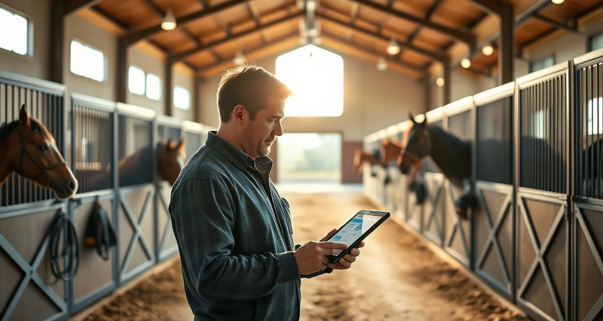 Delaware barn manager using digital barn management software on tablet to organize horse care tasks and facility operations