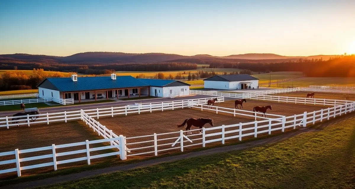 Modern equestrian barn facility in Delaware with white fencing, paddocks, and horses in a well-maintained stable management setup.