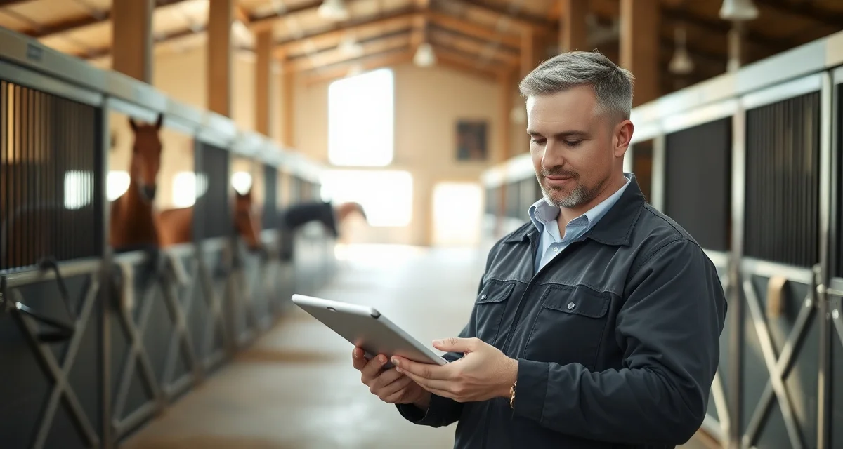 Horse barn manager using digital turnout log software on tablet to track paddock assignments and equine turnout schedules