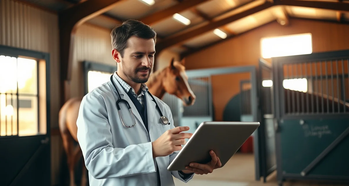 Barn manager sharing digital veterinary records with horse owner via tablet in modern equine facility