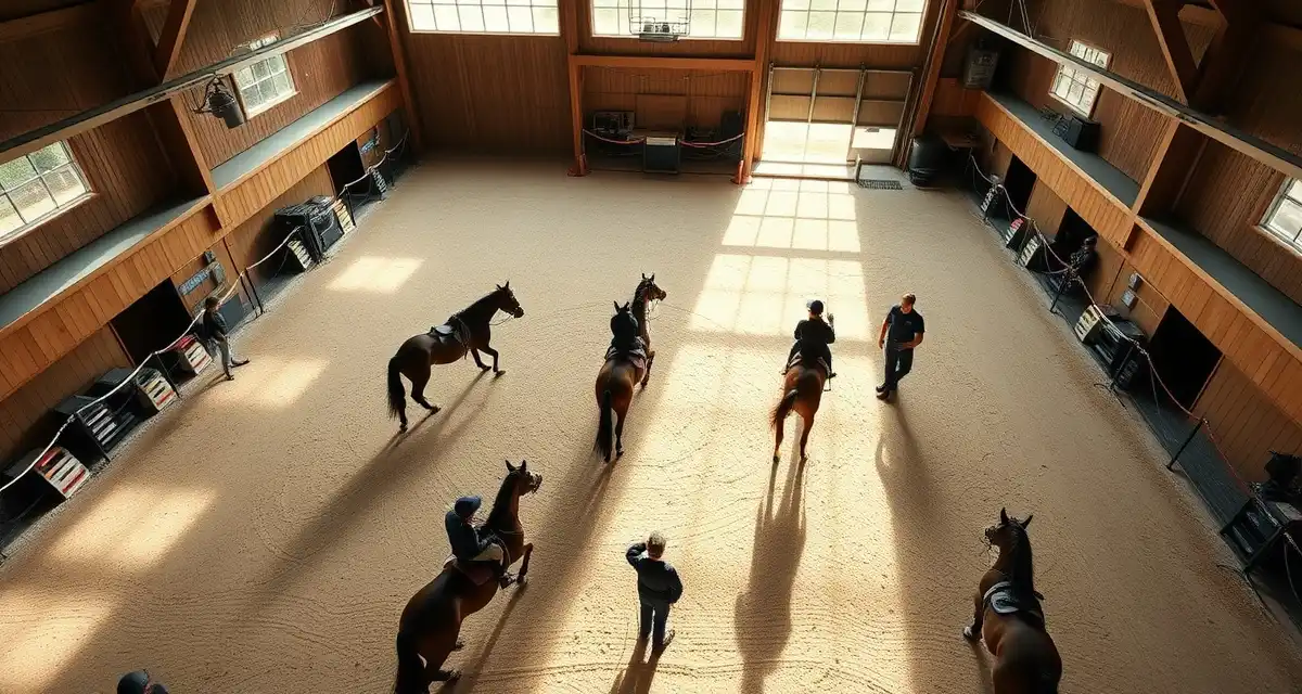 Dressage facility manager using barn management software on tablet to organize training schedules and client billing