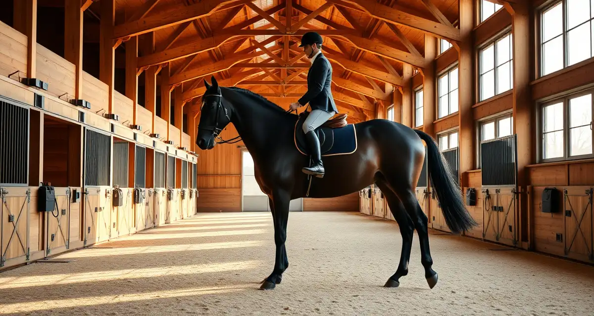 Professional dressage barn facility showing organized stables and rider training on warmblood horse in premium indoor arena