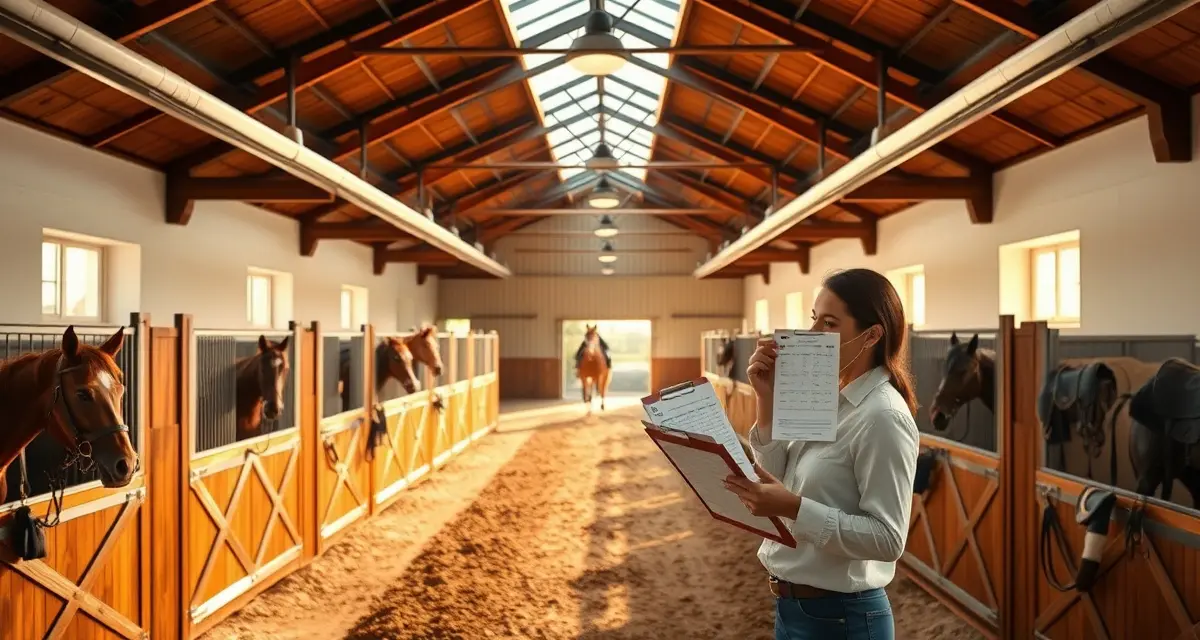 Organized dressage barn with stalls and facility manager planning seasonal operations schedule with competition calendar
