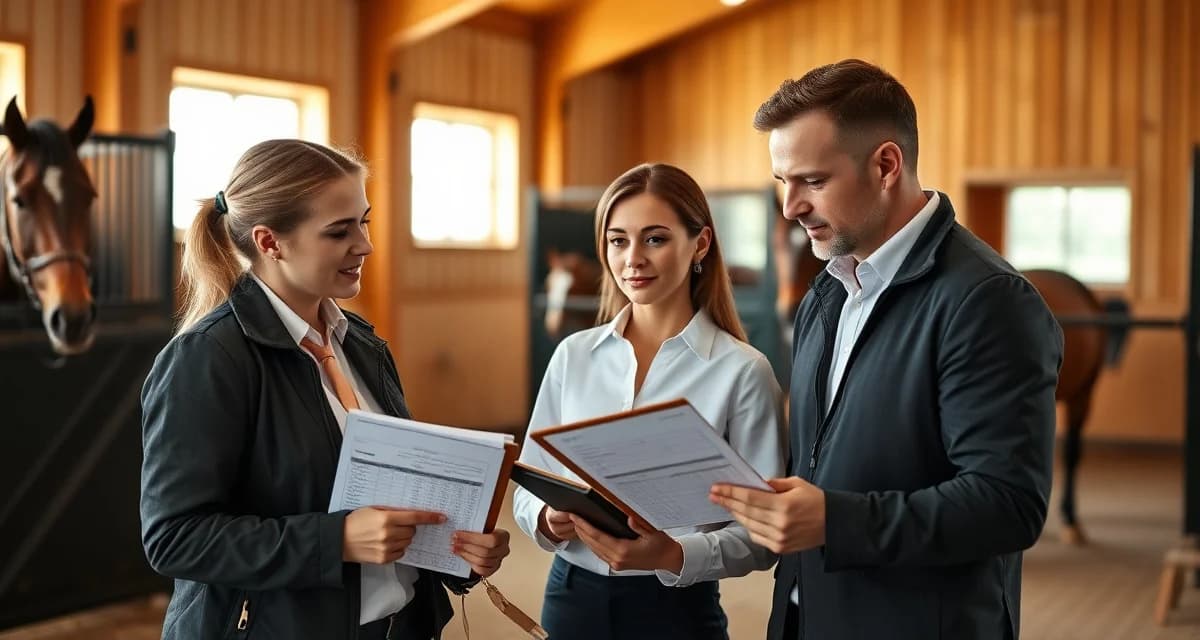 Dressage barn manager organizing daily staff schedules and coordination tasks in professional stable facility office setting
