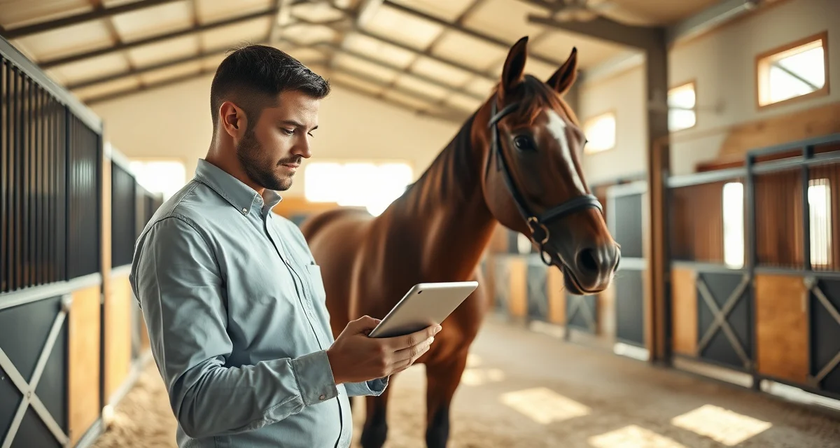 Dressage barn manager monitoring horse health with digital management software in modern stable facility