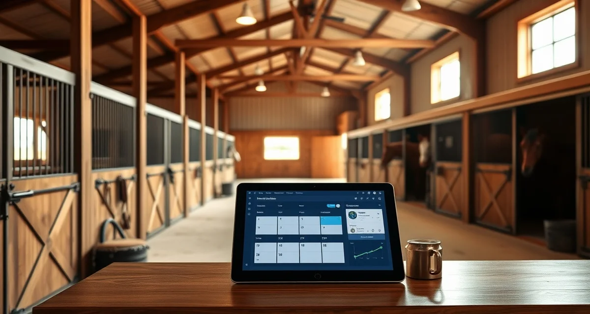 Modern horse barn management software interface displayed on tablet in El Paso Texas equestrian facility with organized stalls and tack room.
