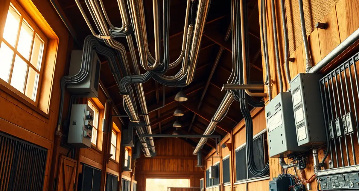 Properly installed electrical wiring and circuit breaker panel in a modern horse barn facility, demonstrating electrical safety standards for equestrian operations.