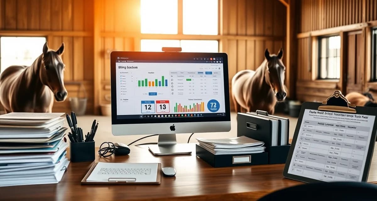 Horse barn billing software interface showing endurance facility billing structure with conditioning program fees and event entry management