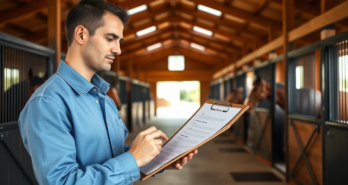 Endurance barn daily checklist clipboard used by facility managers to monitor horse conditioning and care tasks