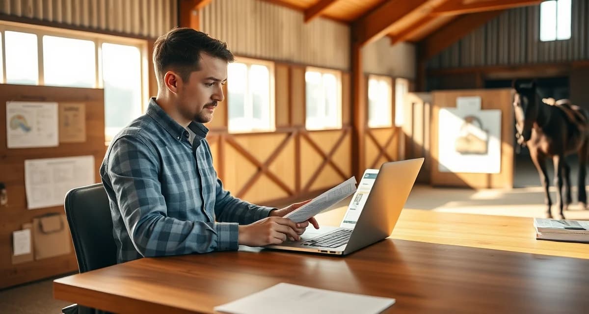 Facility manager using endurance barn management software to track conditioning logs and AERC ride records on laptop