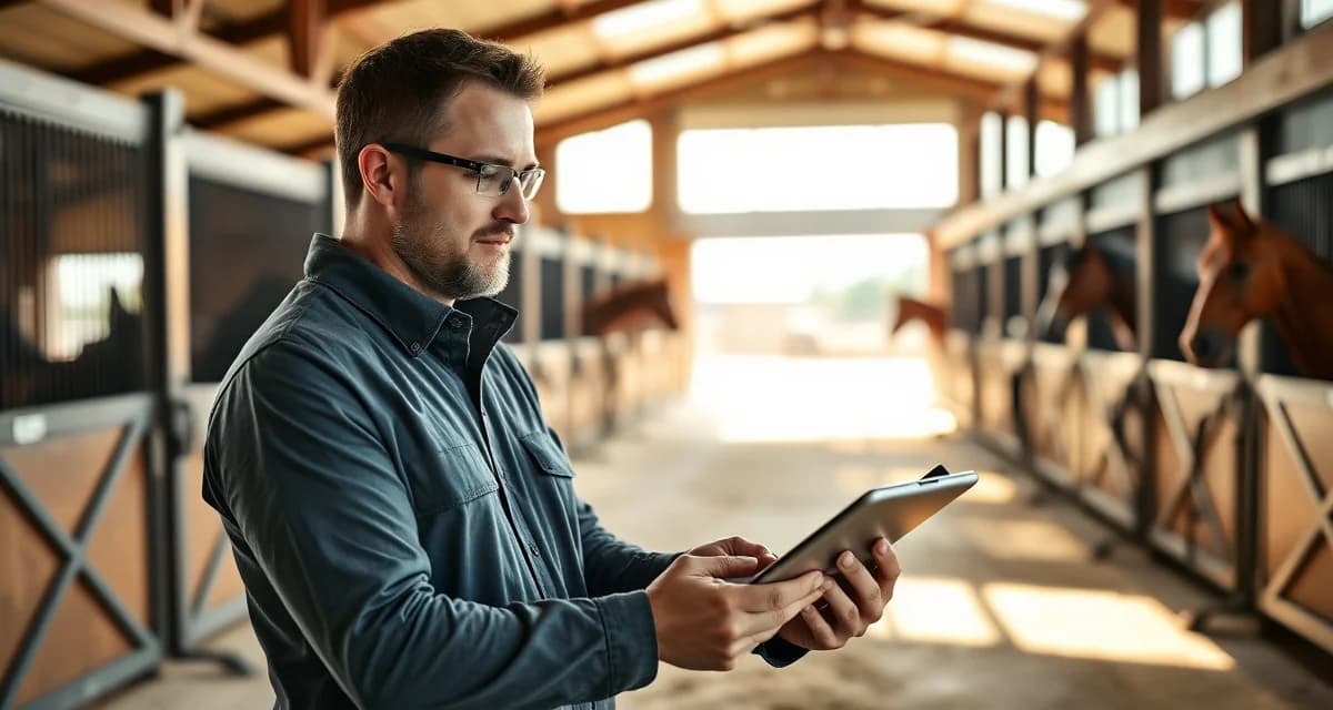 Barn manager reviewing endurance horse performance data and conditioning metrics on digital dashboard software