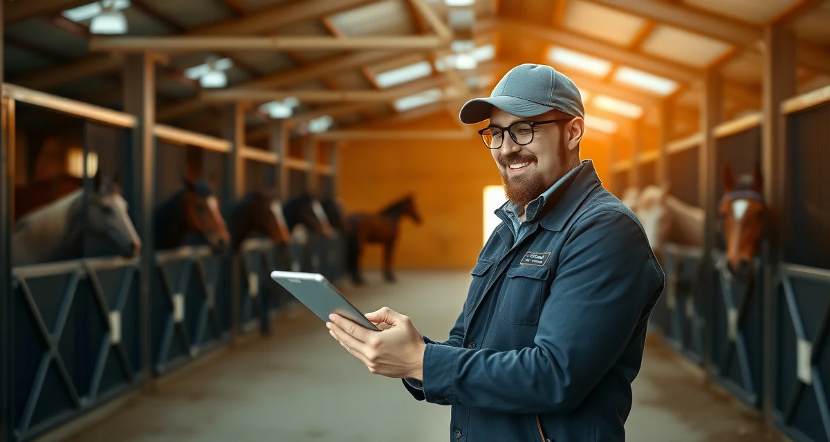 Barn manager using digital communication tools to coordinate endurance horse care and owner updates in stable facility