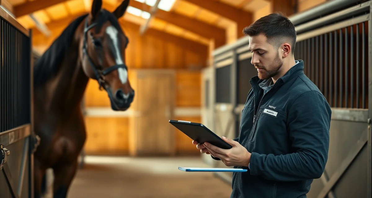 Barn manager reviewing endurance horse health updates and conditioning data on tablet for owner communication
