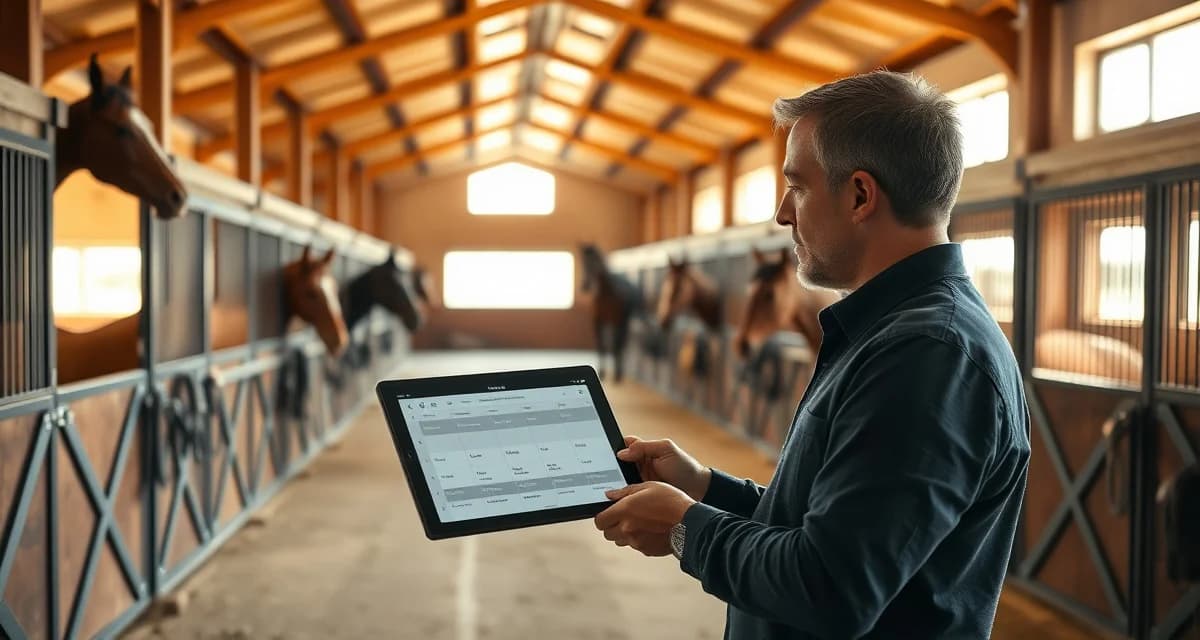 Horse barn manager using scheduling software to organize endurance training cycles and conditioning plans for facility operations management.