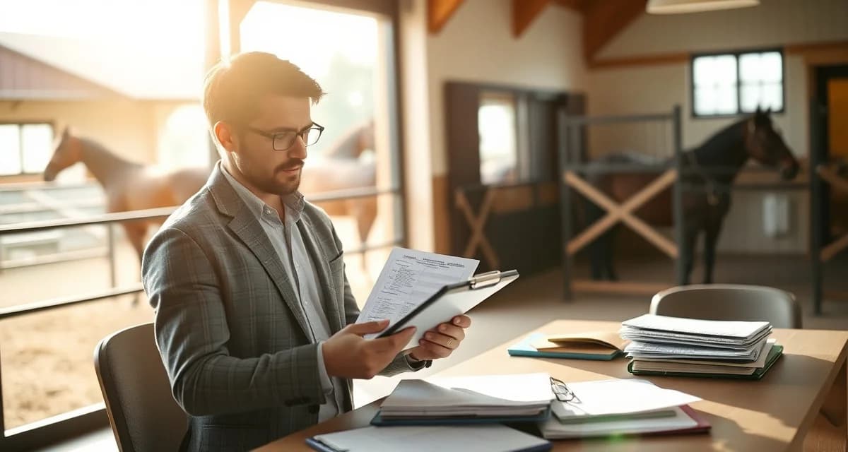 Barn manager using software to organize endurance horse facility staff schedules and conditioning cycles efficiently.