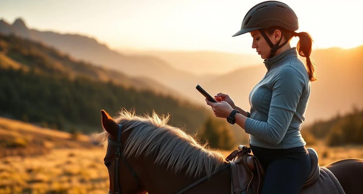 Endurance horse owner reviewing competition updates and conditioning data on mobile device during trail preparation