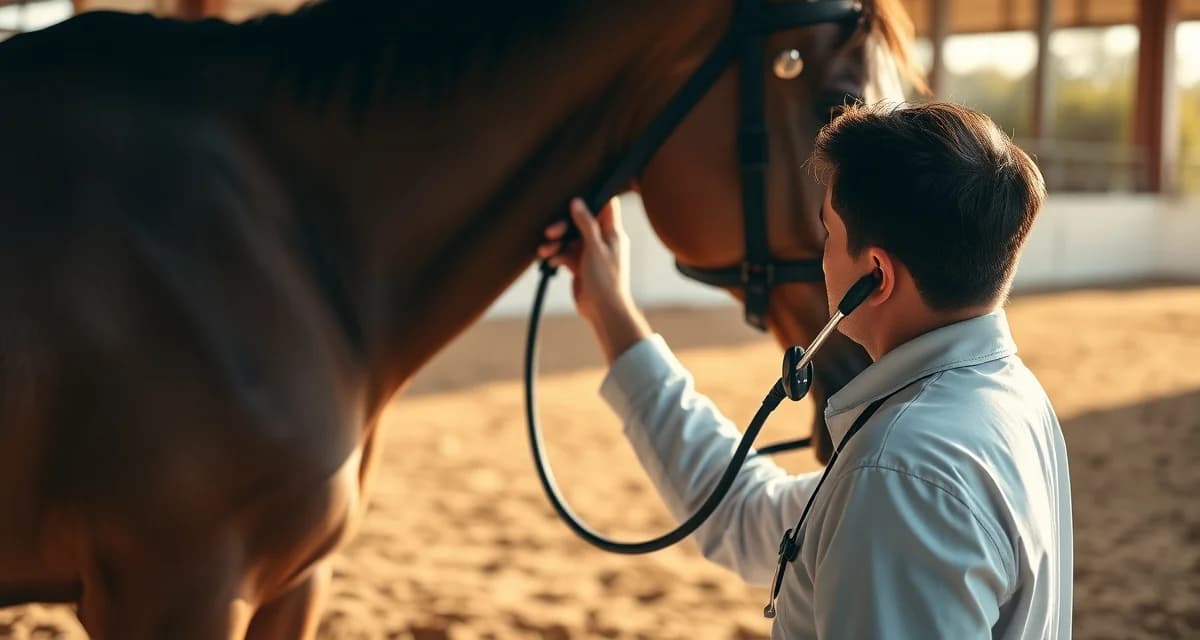 Veterinarian performing endurance horse health monitoring during AERC competition, checking vital signs and metabolic fitness